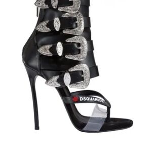 DSQUARED2 Black Leather Buckle Stiletto Sandal with Clear Strap